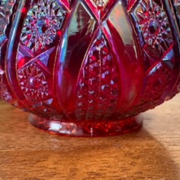 Indiana Glass Heirloom Sunset Ruby Red Carnival Glass Bowl Scalloped Rim Vintage - Picture 7 of 7